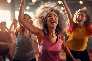 Image of a group of women over 50 years old doing a Zumba class at a sports center Concept of...