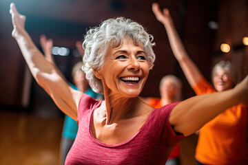 Image of a group of women over 50 years old doing a Zumba class at a sports center Concept of health and wellness.