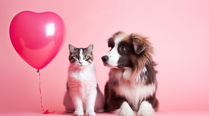 Cat and dog with heart shaped ballon. Valentine's day celebration 