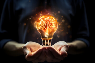 Innovative brilliance. A hand holds a glowing lightbulb, revealing a radiant brain, symbolizing creativity and smart ideas.
