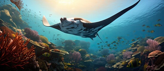 Manta rays found globally feed solely on plankton while swimming in Komodo National Park s oceanic pinnacle Indonesia With copyspace for text