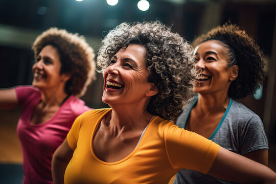 Image Of A Group Of Women Over 50 Years Old Doing A Zumba Class At A Sports Center Concept Of Health And Wellness.