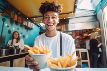 Young smiling boy with French fries. Restaurant fast food meal service. Generate ai - obrazy, fototapety, plakaty