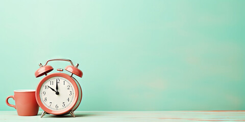 Vintage alarm clock and cup of hot coffee on the uniform pastel backdrop with a copy space. Generative AI