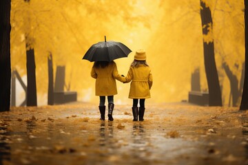 
two little girls stand under a yellow awning in an autumn park