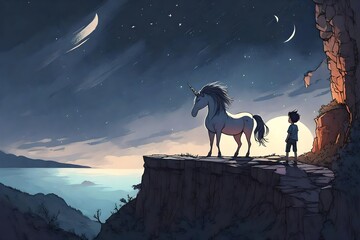 Night scene with a boy standing at the edge of a cliff chasm trying to tame a wild unicorn. Begining of a new friendship, fearless symbol