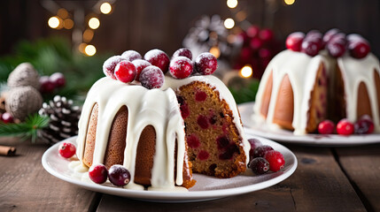 Close up of a cranberry christmas bundt cake with white and chocolate icing - Powered by Adobe