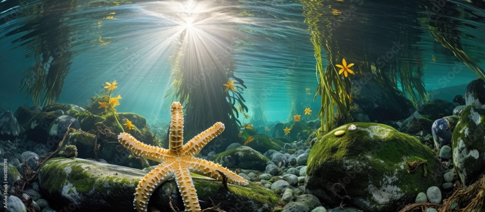 Poster Starfish attach to the bottom of the sea in a giant kelp forest Diverse kelp forests grow in the California coast s eastern Pacific waters With copyspace for text