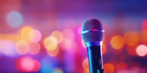 Professional vocal microphone on stage with a bokeh backdrop of concert lights. Karaoke concept....