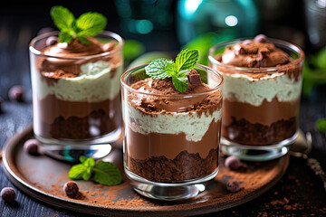 Cups with chocolate mousse, sprinkled with cocoa and decorated with mint
