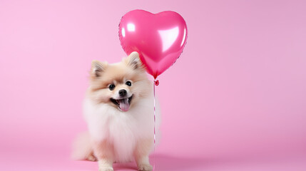 dog wit a red heart balloon on a pink background, romantic dog, Valentine's day celebration  - obrazy, fototapety, plakaty