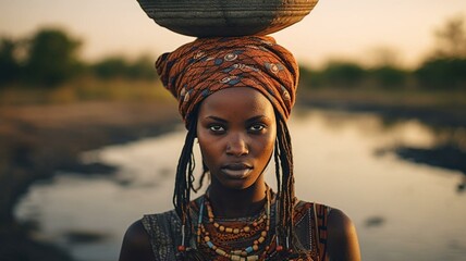 African woman carrying water on her head - obrazy, fototapety, plakaty