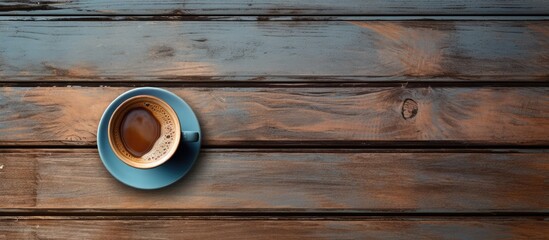 Rustic bench top view coffee cup in still life With copyspace for text