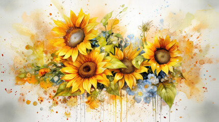 Watercolor sunflowers art, ala prima, painting with spots and splashes, picturesque still life, summer and autumn sunny flowers, poster, background, wallpaper, generative AI - obrazy, fototapety, plakaty