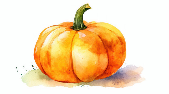 Watercolor painting of a Halloween pumpkin in orange colours tones.