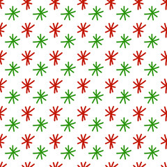 Christmas seamless pattern with doodle snowflakes, hand drawn. Red and green snowflakes in a simple holiday background