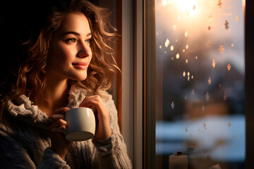 Chica sonriente con taza de bebida caliente mientras observa a través de la ventana como caen los copos de nieve en invierno. - obrazy, fototapety, plakaty