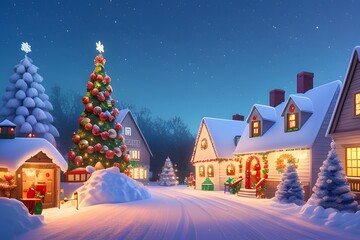 Illustration of Christmas village. A beautiful and magical winter city, straight out of a fairytale, with snow-covered rooftops. Happy new year. Winter landscape.
