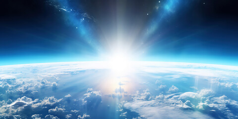 Panoramic view on planet Earth globe from space with rising sun. Glowing city lights, light clouds. Generative AI