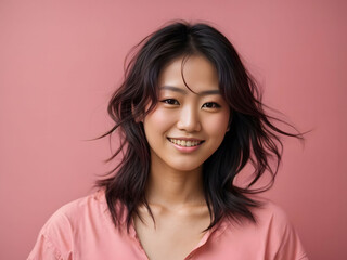 Fototapeta premium Happy young japanese, asian woman against pink background