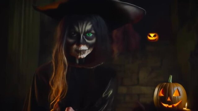 The witch has a scary woman with cat eyes witch hat around glowing pumpkin, dark building, a Halloween illustrated animated spooky short video.