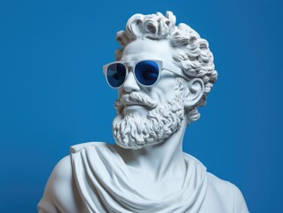 Ancient Greek man bust, wear sunglasses, smiling, minimal concept trend 