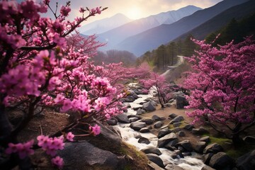Flower blossoms in mountainous spring. Generative AI