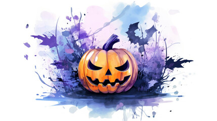 Watercolor painting of a Halloween pumpkin in indigo colours tones.