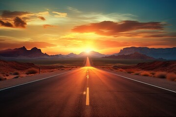 the sun is setting over a road in the middle of the desert, with a line of cars driving down the middle of the road. a road at sunset