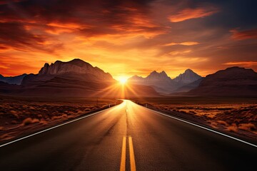 the sun is setting over a road in the middle of the desert, with a line of cars driving down the middle of the road. a road at sunset