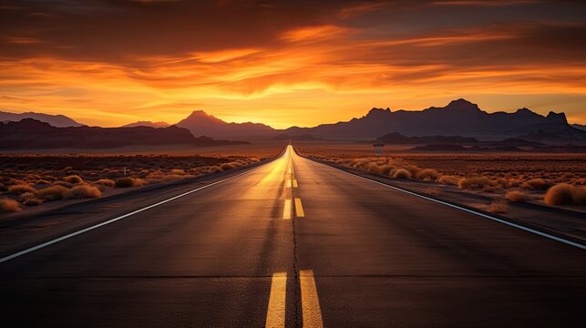 The Sun Is Setting Over A Road In The Middle Of The Desert, With A Line Of Cars Driving Down The Middle Of The Road. A Road At Sunset