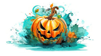 Watercolor painting of a Halloween pumpkin in turquoise colours tones.