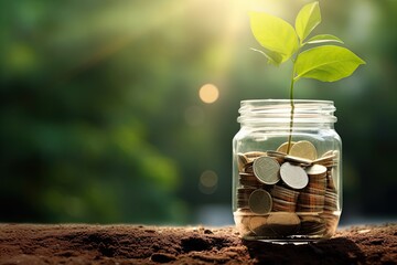 Coin tree Glass Jar Plant growing from coins outside the glass jar on blurred green natural background money saving and business concept