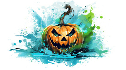 Watercolor painting of a Halloween pumpkin in aqua colours tones.