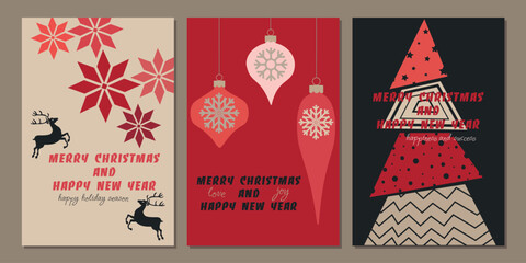 Naklejka premium Set of postcards, invitations. Christmas and New Year. Festive banner. New Year's beauties, deer, Christmas trees. Design in red tones