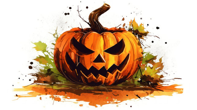 Watercolor painting of a Halloween pumpkin in dark brown colours tones.