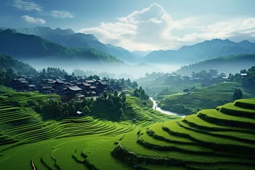 Foto op Plexiglas Terraced rice fields of traditional farming village in green mountains © Rangga Bimantara
