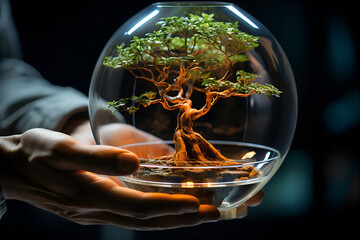 To ujęcie przedstawia delikatne drzewko bonsai, umieszczone w uroczej szklanej kuli. To symbol harmonii i równowagi w miniaturze, idealny akcent dekoracyjny lub inspiracja do dbania o równowagę. - obrazy, fototapety, plakaty