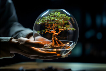 To ujęcie przedstawia delikatne drzewko bonsai, umieszczone w uroczej szklanej kuli. To symbol harmonii i równowagi w miniaturze, idealny akcent dekoracyjny lub inspiracja do dbania o równowagę. - obrazy, fototapety, plakaty