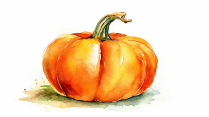 Watercolor painting of a Halloween pumpkin in vivid orange colours tones.