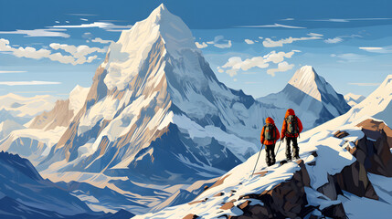 Summit Conquerors, Epic Climbers triumphing snowy peaks, - obrazy, fototapety, plakaty