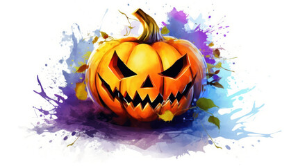 Watercolor painting of a Halloween pumpkin in colorful colours tones.