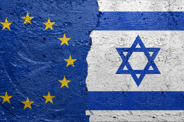 European Union and Israel flag on broken concrete wall background
