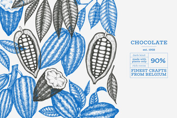 Cocoa Banner Template. Chocolate Retro Cocoa Beans Background. Vector Vintage Style Hand Drawn Illustration. - obrazy, fototapety, plakaty
