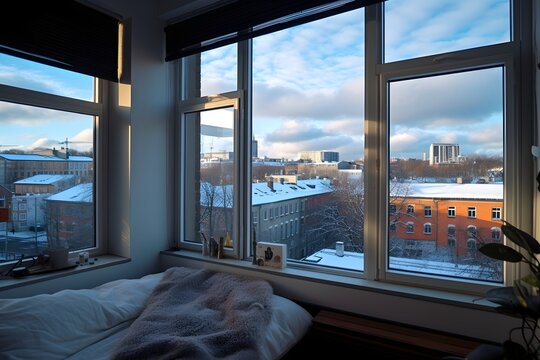 A Bedroom With A View Of A Snowy City. Window View From Open Window .