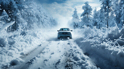 Fototapeta na wymiar A car on the snowy road