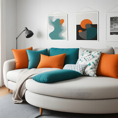 Colorful living room, modern shape sofa Beautiful, brightly colored walls make it lively.