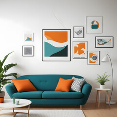Colorful living room, modern shape sofa Beautiful, brightly colored walls make it lively.