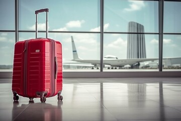 Red luggage at airport, plane in background, summer vacation concept. Generative AI