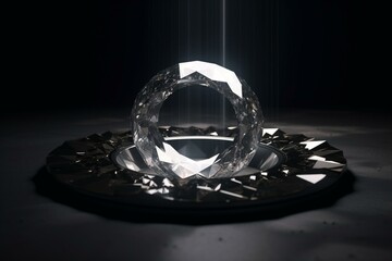 Large circular diamond on shiny gray backdrop. Generative AI